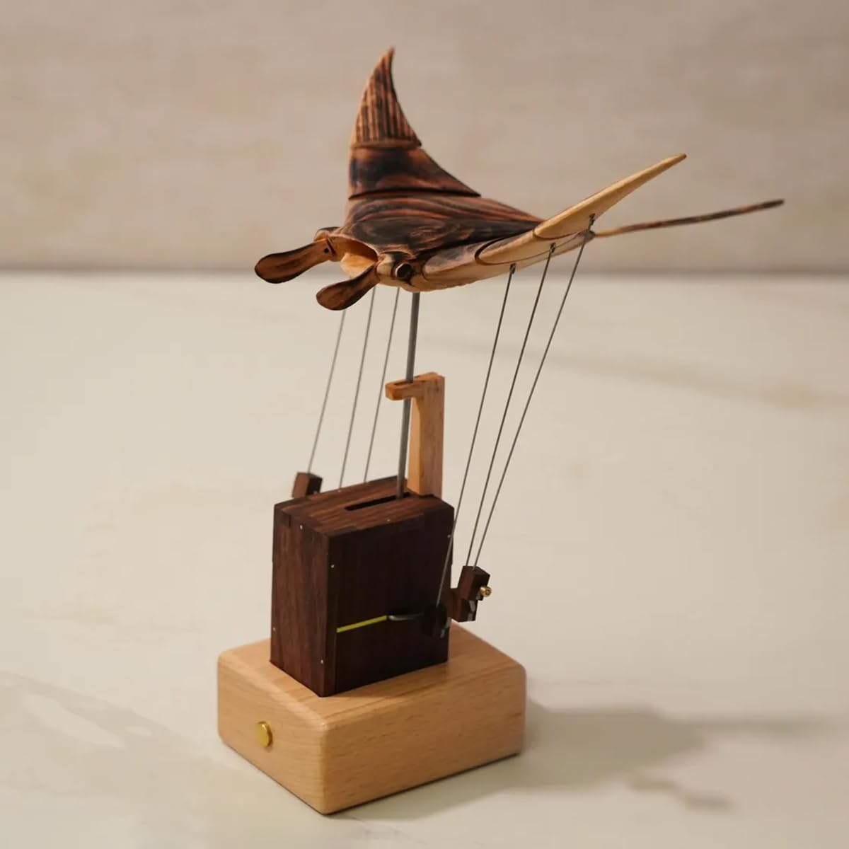 3D Wooden Kinetic Manta Ray, Dynamic Sculpture for Desk Decor from Natural Walnut & Beech Wood, Soothing Motion Art Gift for Adults & Collectors