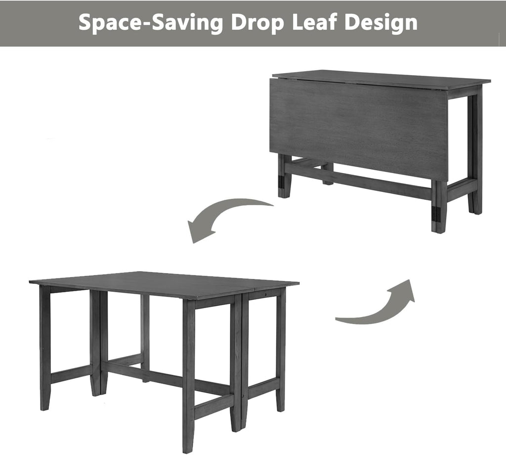 Merax Farmhouse Wood Extendable Dining Table with Drop Leaf for Small Places, Modern Freestanding Scalable Desk for Kitchen & Living Room, Gray
