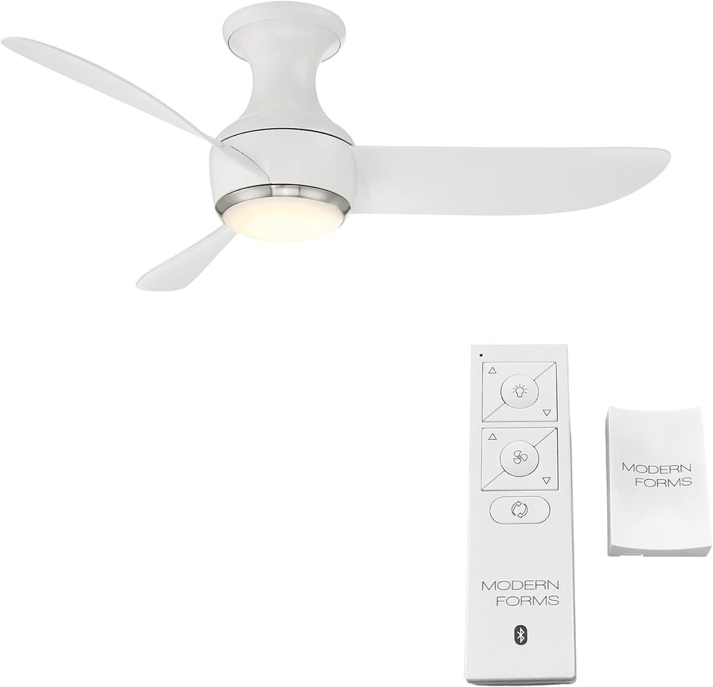 Modern Forms Corona Smart Indoor and Outdoor 3-Blade Flush Mount Ceiling Fan 44in Brushed Nickel White 3500K LED Light Kit and Remote Control works with Alexa and iOS or Android App