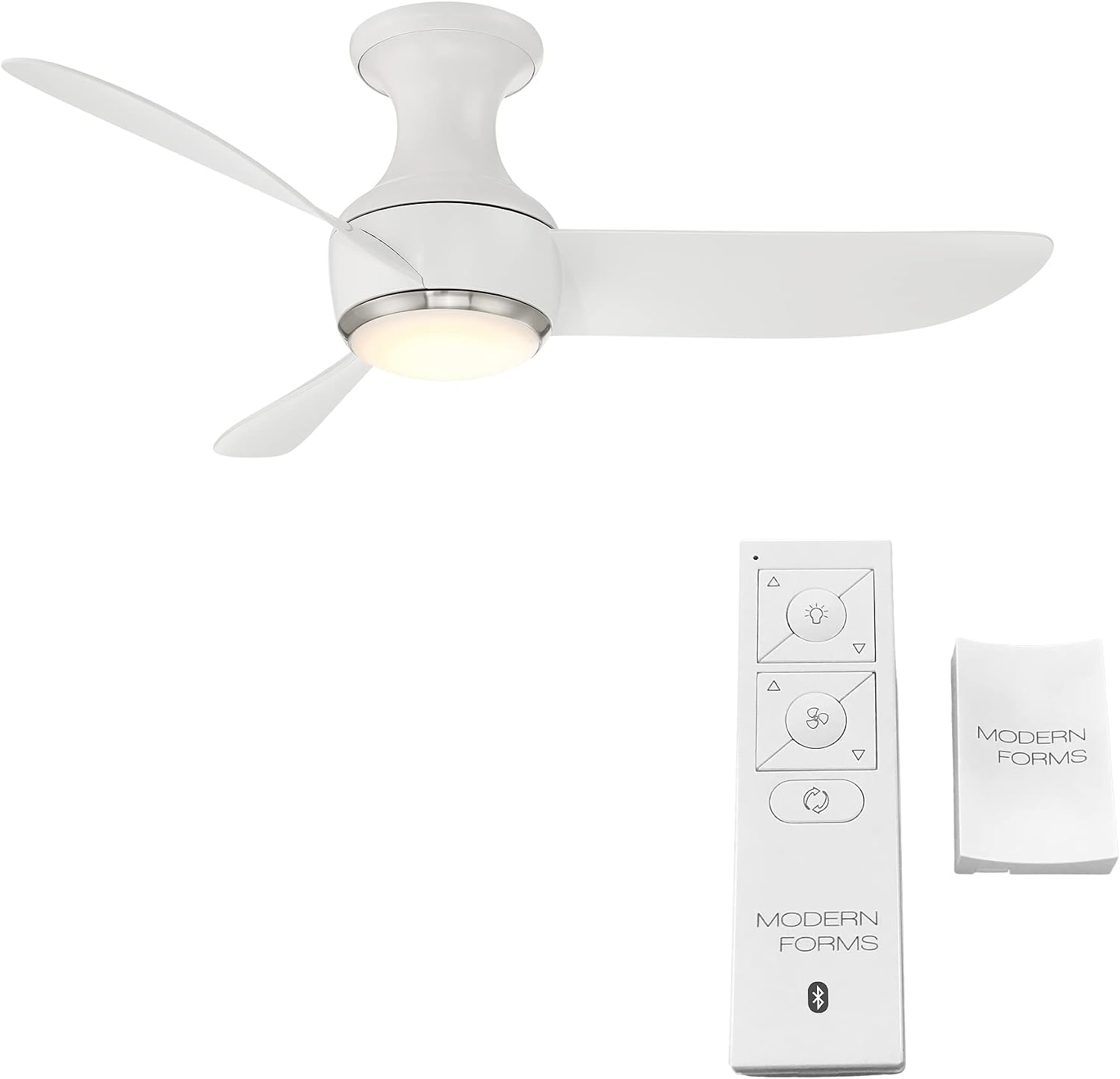 Modern Forms Corona Smart Indoor and Outdoor 3-Blade Flush Mount Ceiling Fan 44in Brushed Nickel White 3500K LED Light Kit and Remote Control works with Alexa and iOS or Android App