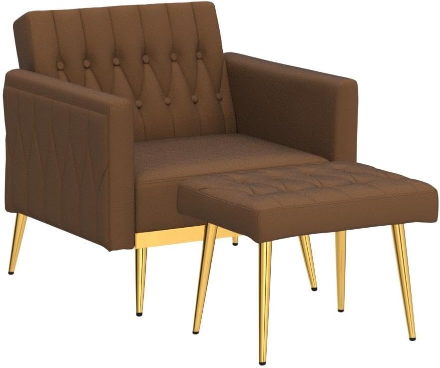 Velvet Accent Chair with Adjustable Armrests and Backrest, Button Tufted Lounge Chair, Single Recliner Armchair with Ottoman and Pillow for Living Room, Bedroom, Brown