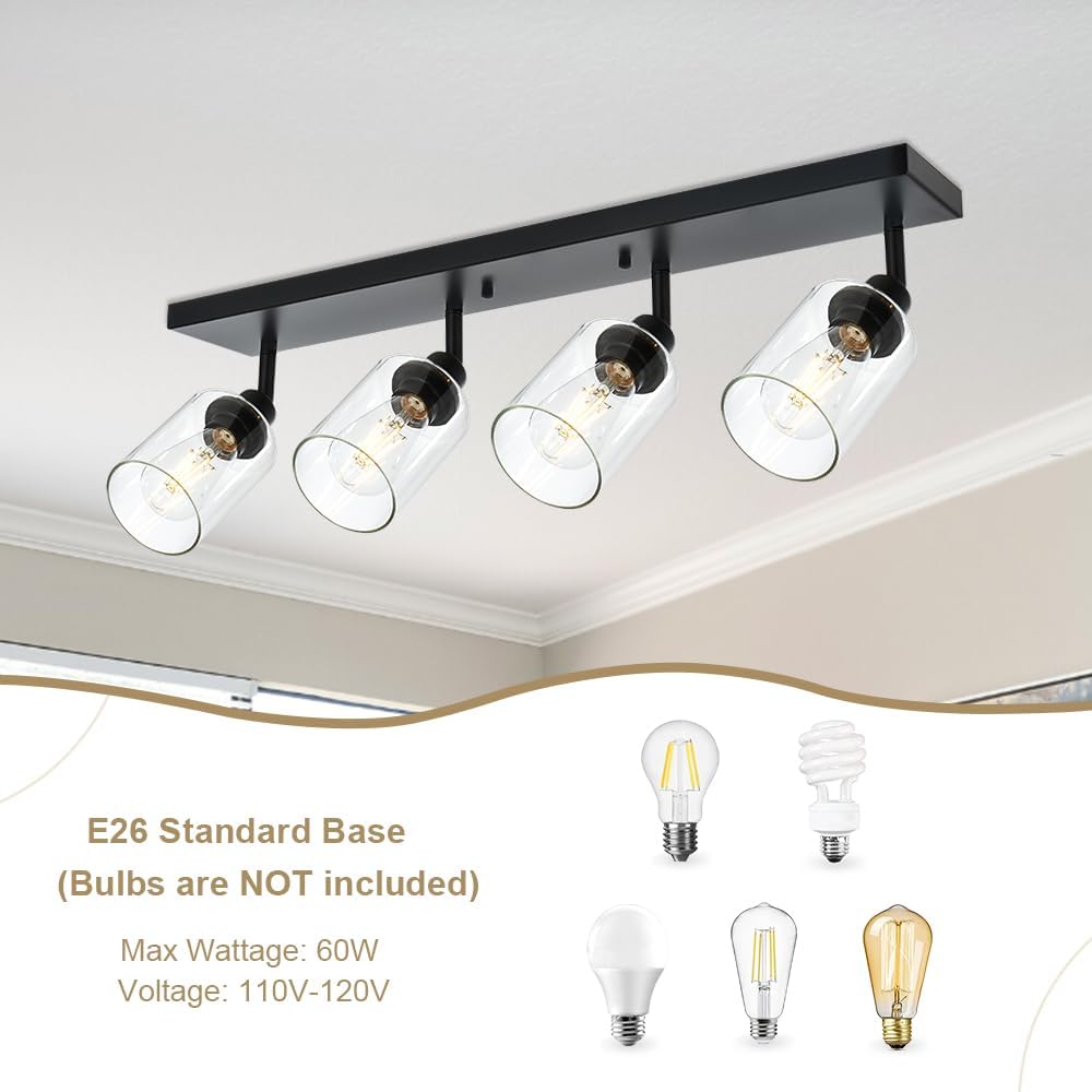 4 Light VINLUZ Vanity Wall Light with Clear Glass Shade Indoor Bathroom Fixture Multi-Directional Rotating Metal Ceiling Spotlight Fixture with Adjustable Track Heads