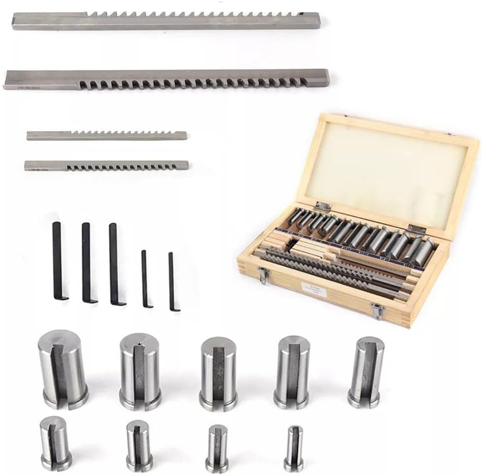 18-Piece HSS Keyway Broach Set with Bushings and Spacers for Imperial Inch Sizes 1/8' to 1-1/2', CNC Metalworking and Machining Tool