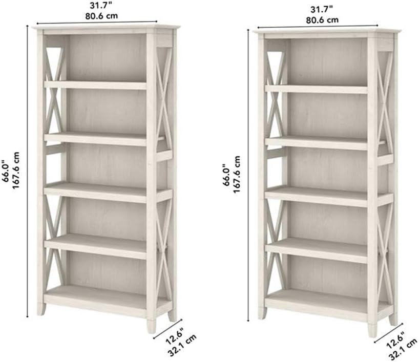 Bush Home Key West 5 Shelf Bookcase - Set of 2 | Tall Bookshelves in Linen White Oak | Sturdy Display Shelves for Library, Living Room, and Home Office
