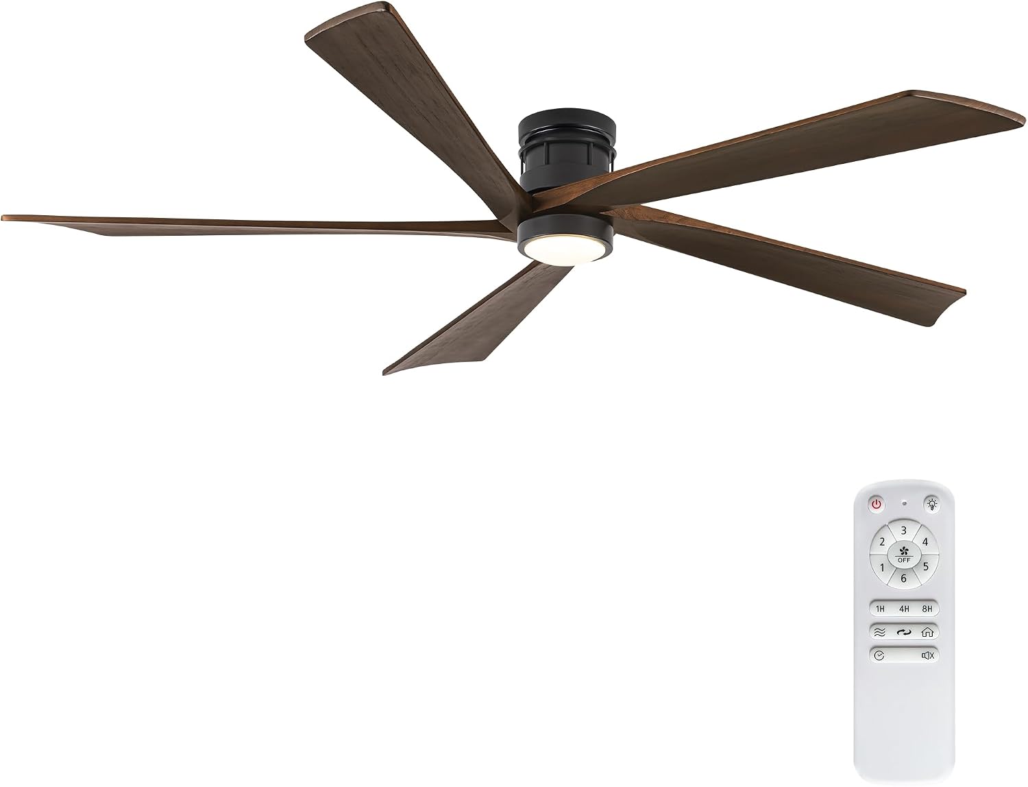 EKIZNSN 84 Inch Outdoor Low Profile Flush Mount Ceiling Fans with Lights and Remote Control for Patios, 6-Gear Speed, 110V Noiseless Reversible DC Motor (Black Finish with Walnut Blades)