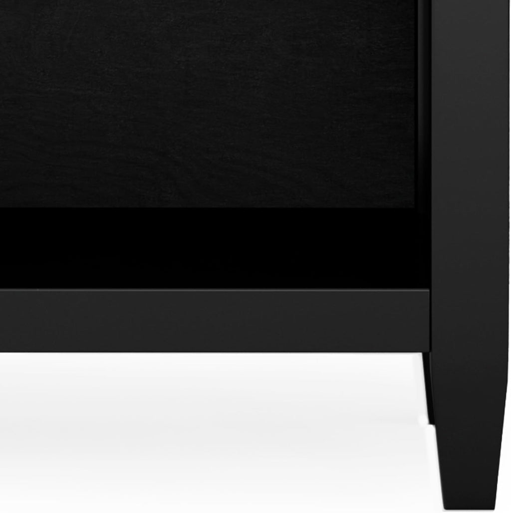SIMPLIHOME Carlton Bedside Table - 24 inch Wide Solid Wood Nightstand Table in Black, Contemporary Bedroom Side or End Table with 2 Drawers, Open Storage Shelf and Bronze Hardware
