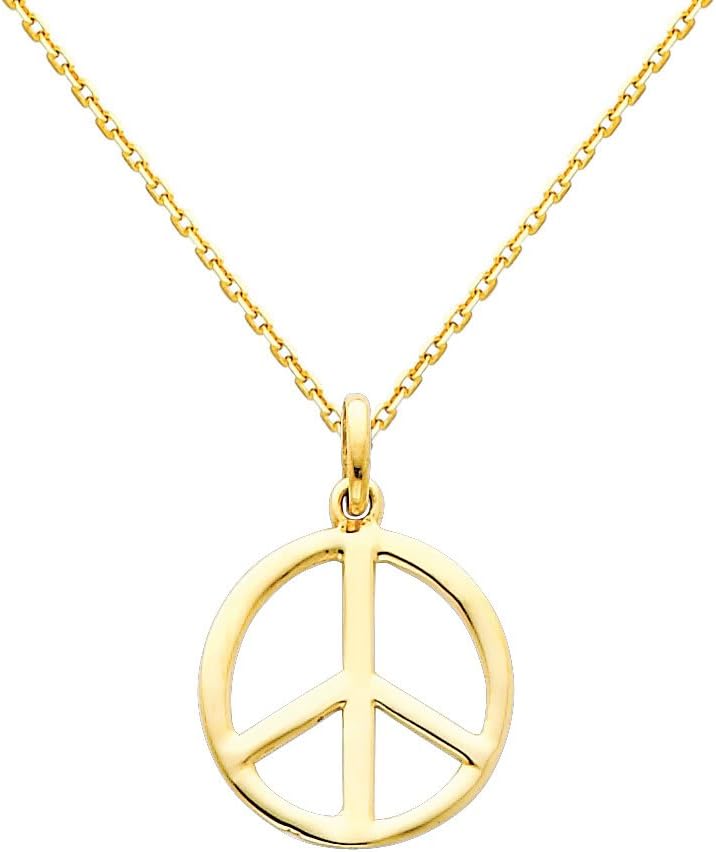 14K Yellow Gold Peace Sign Charm Pendant with 0.9mm Oval Angled Cut Rolo Cable Chain Necklace