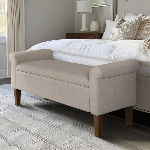 510 DESIGN Storage Ottoman - Solid Wood Legs, Polyester Fabric Entryway Accent Bench with Rolled Armrest - Modern Style Bed End Bench with Storage Bedroom Furniture, Aubrey, 46' W, Cream, 1 Piece