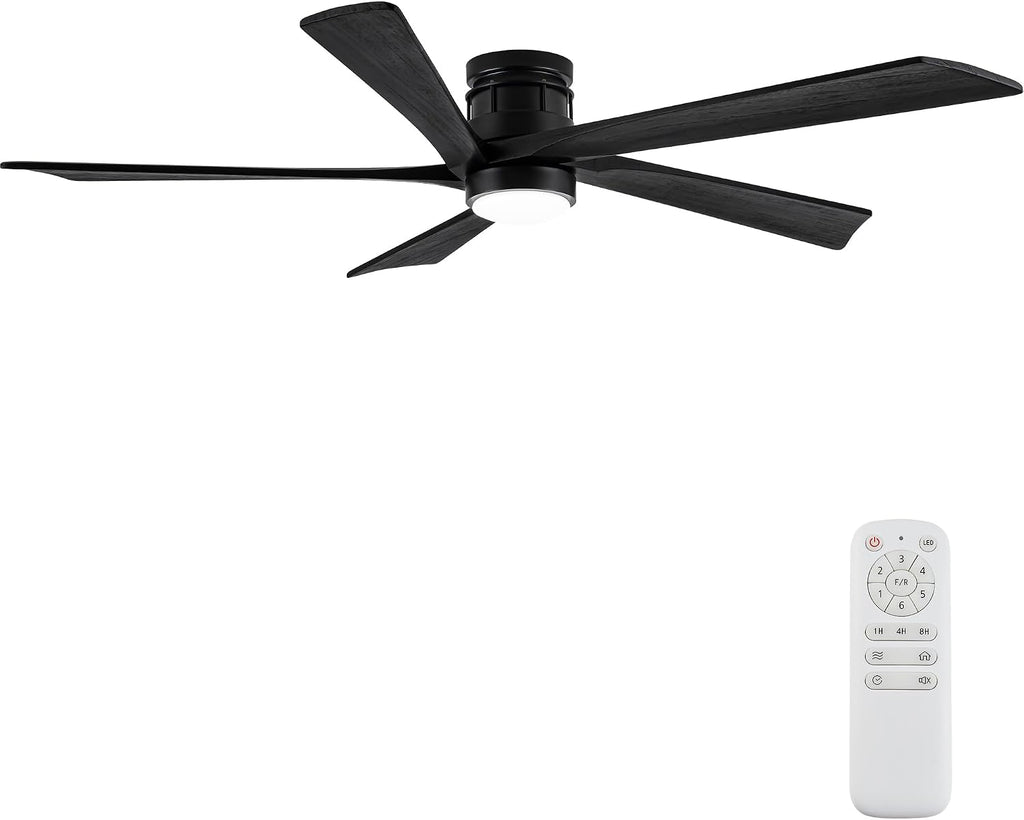 EKIZNSN 54 Inch Outdoor Low Profile Flush Mount Ceiling Fans with Lights for Patios, 110V Noiseless Reversible DC Motor, 6-Gear Speed (Black Finish with Black Blades)