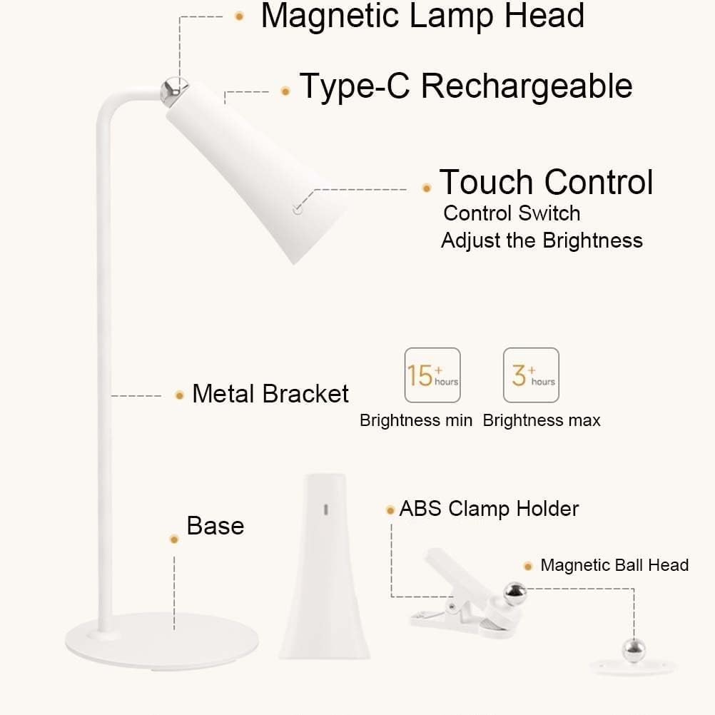 Rechargeable Led 3w Indoor Table Lamp Trumpetshaped Spotlight Magnetic Adjustable No Power Cord Bedroom Study(White)