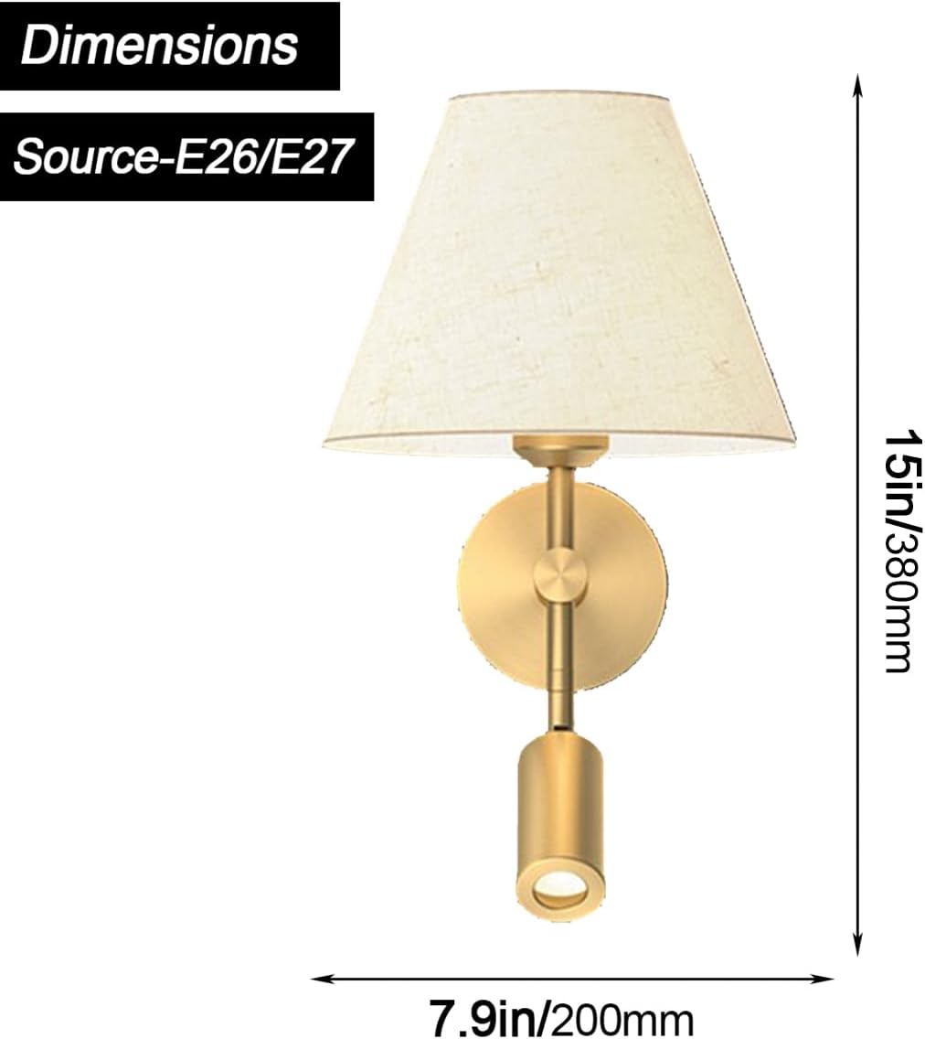 White Fabric Wall Light All Copper Wall Lamps Bedside Reading Lamp Wall Sconce with Spotlight Indoor Wall Mounted Light E27 Base Wall Lighting for Living Room Restaurant Loft Kitchen Oldsix-66
