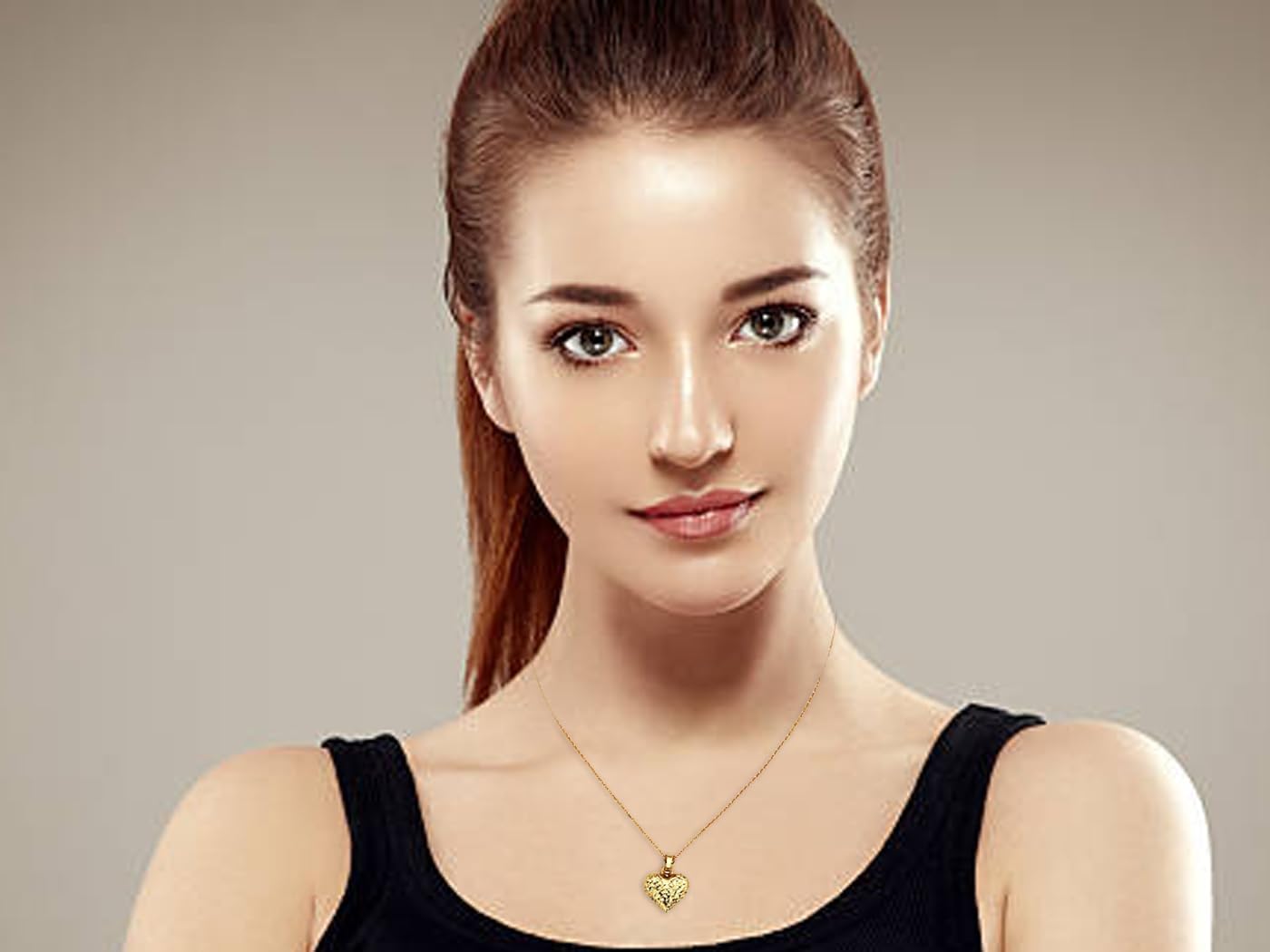 14k Yellow Gold Diamond Cut Texture Heart Pendant with Cable Chain Necklace for Women 18'