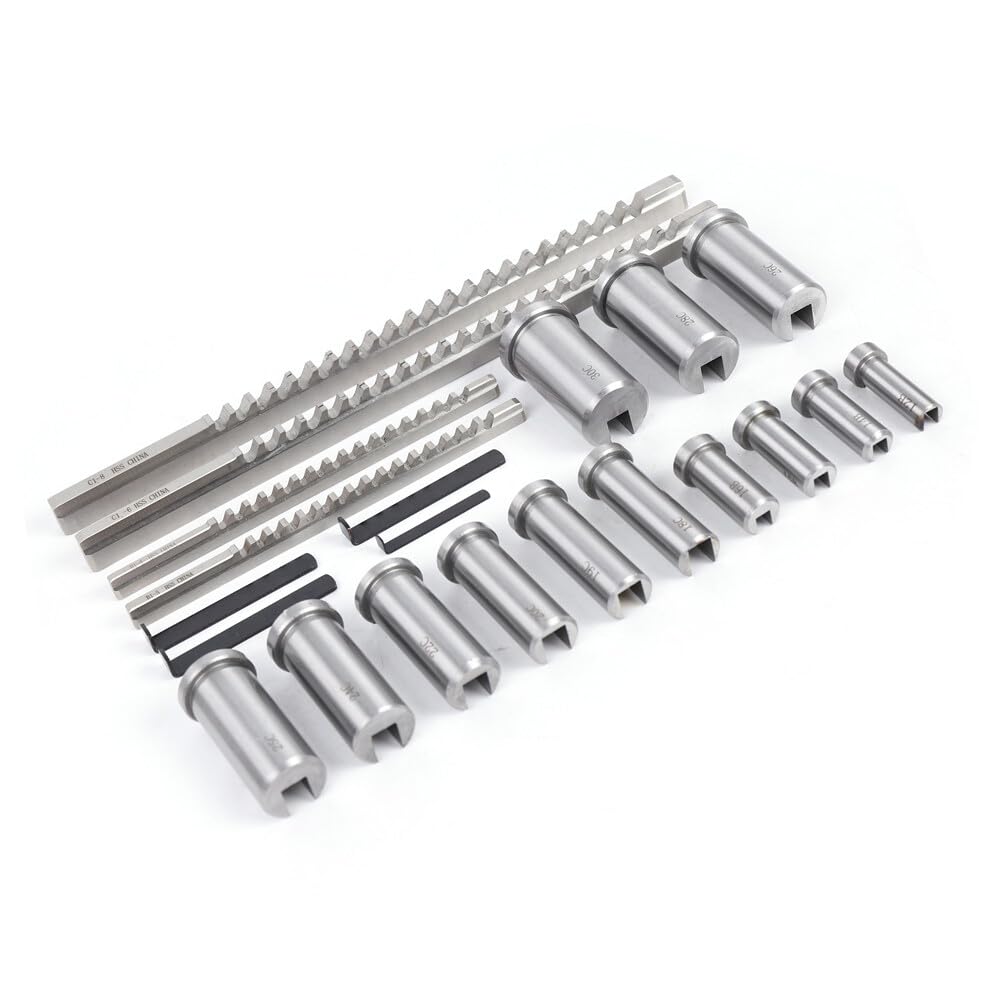 22PCS Keyway Broach Kit, Keyway Broach Set Collared Bushing Shim Sets in Fitted Box, Metric Size 4 Broaches, 13 Bushings and 5 Gaskets High Speed Steel Keyway Broach Set Metal Processing Tool