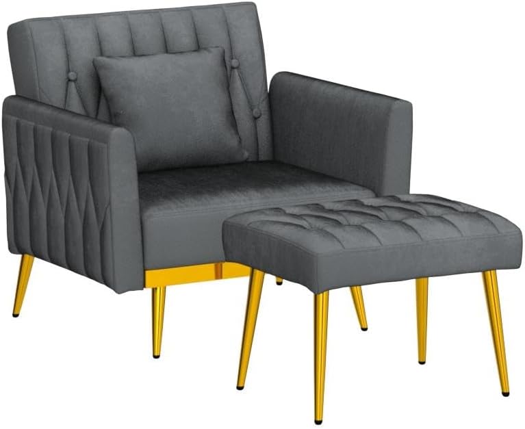 Velvet Accent Chair with Adjustable Armrests and Backrest, Button Tufted Lounge Chair, Single Recliner Armchair with Ottoman and Pillow for Living Room, Bedroom, Grey