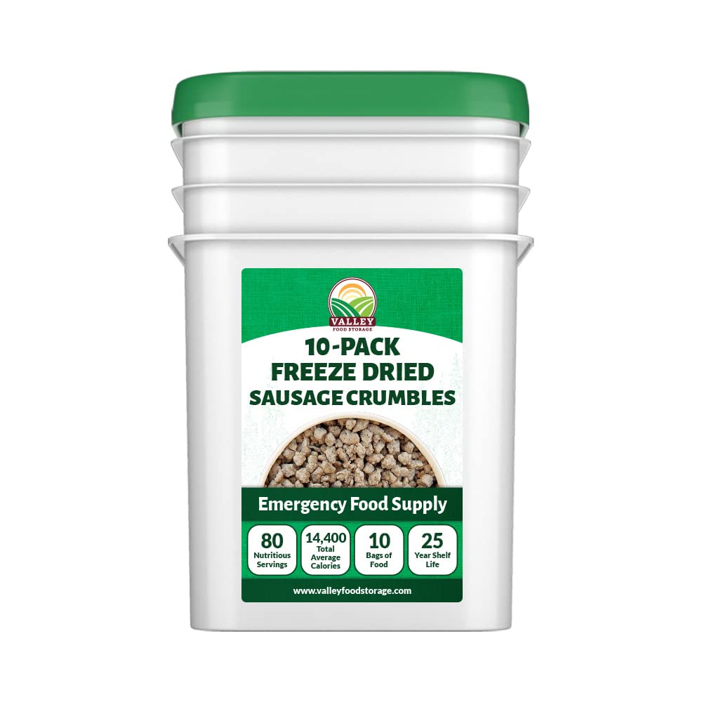 Valley Food Storage Freeze Dried Sausage Crumbles | 10-Bag Bucket, 85 oz | Premium Emergency Food Supply, 25 Year Shelf Life | Prepper Supplies, Survival Food, Camping & Off-Grid Living | Packaged in USA