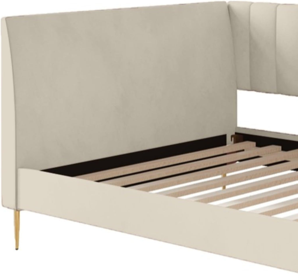 HOME DESIGN Dayton Twin Upholstered Daybed with Tuxedo Arms, Vertical Channel Tufting, Plush Velvet Cushions, and Gold Metal Legs, Beige
