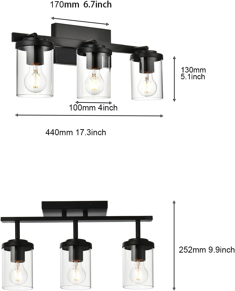 BONLICHT Industrial Vintage Indoor Wall Mount Spotlight 3 Light Modern Semi Flush Mount Ceiling Light Black Adjustable Track Lighting Kit Rustic Bathroom Vanity Light Fixture with Clear Glass Shade