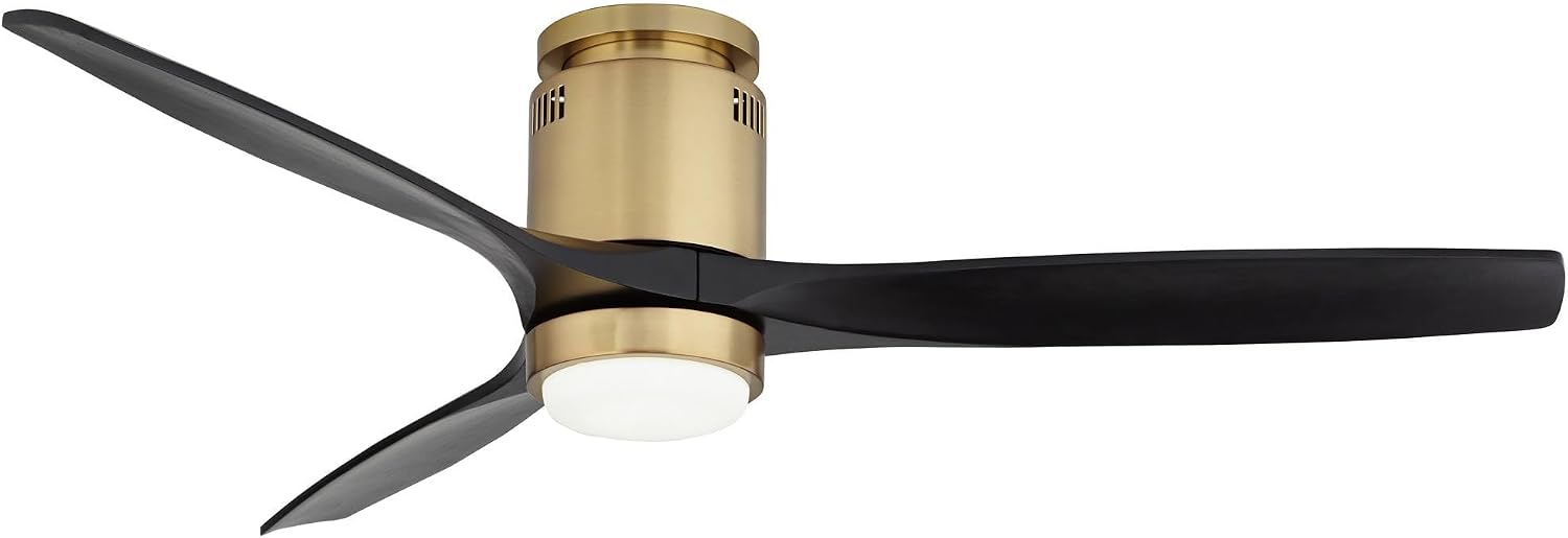 Casa Vieja 52' Windspun Modern Indoor Ceiling Fan 3 Blade LED Light Remote Control Soft Brass Finish Motor Matte Black Finish Wood Blades Bedroom Living Room Office Hugger DC Motor Flush Mount