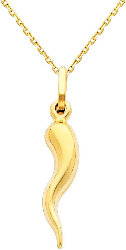 The World Jewelry Center 14k Yellow Gold Cornicello Italian Horn Pendant with 0.9mm Cable Chain Necklace