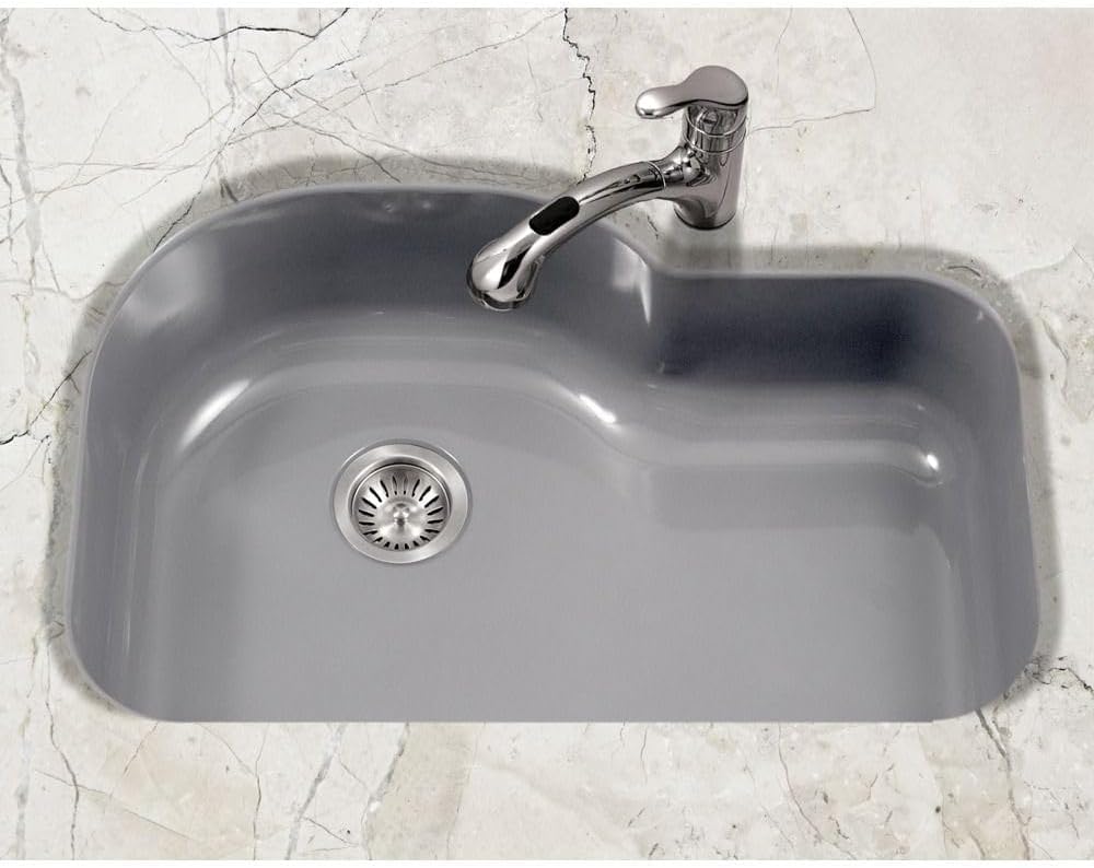 Houzer Porcela Slate Porcelain Enamel Steel Kitchen Sink: 31 Inch Undermount Single Bowl Offset Sink, Durable & Versatile, Essential for Home & Apartment: PCH-3700 SL