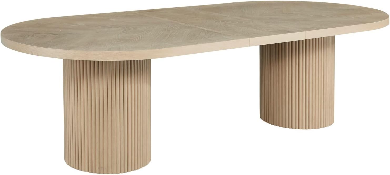 Dobby 90'-123' Extendable Oval Wooden Dining Table, Light Oak | Mid Century Modern, Double Pedestal Base, For 6 People, Large