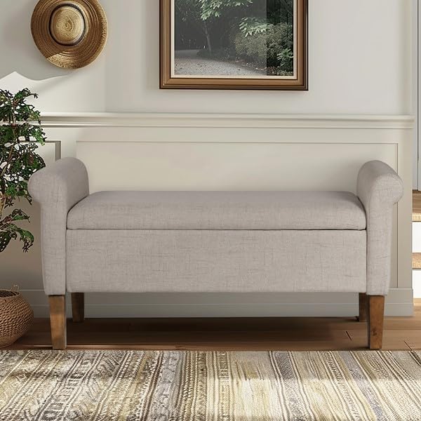 510 DESIGN Storage Ottoman - Solid Wood Legs, Polyester Fabric Entryway Accent Bench with Rolled Armrest - Modern Style Bed End Bench with Storage Bedroom Furniture, Aubrey, 46' W, Cream, 1 Piece