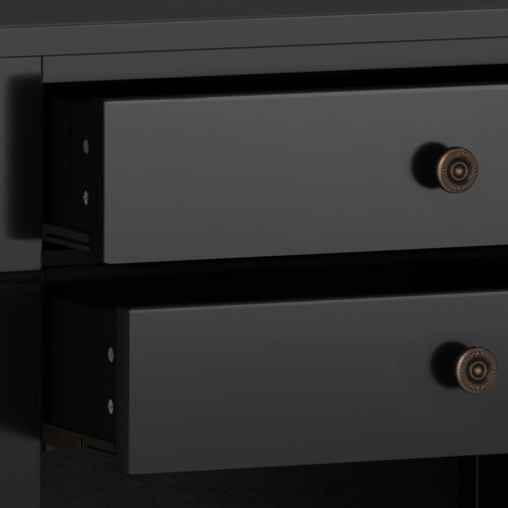 SIMPLIHOME Carlton Bedside Table - 24 inch Wide Solid Wood Nightstand Table in Black, Contemporary Bedroom Side or End Table with 2 Drawers, Open Storage Shelf and Bronze Hardware