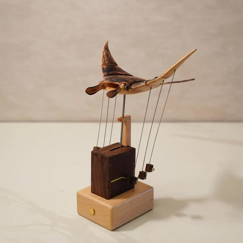 3D Wooden Kinetic Manta Ray, Dynamic Sculpture for Desk Decor from Natural Walnut & Beech Wood, Soothing Motion Art Gift for Adults & Collectors