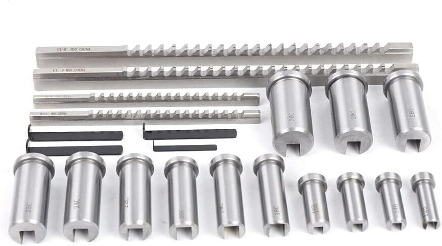 HSS Metric Keyway Broach Set, 22pcs Keyway Broach Collared Bushing Shim Set Metric Size Metal Processing Tool 4/5/6/8mm