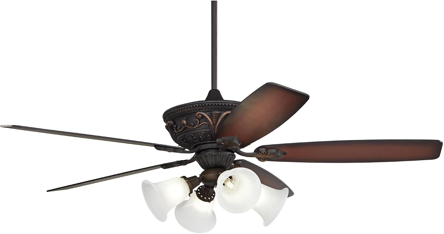 Casa Vieja 60' Montego Traditional Indoor Ceiling Fan 5 Blade Marbleized Glass LED Light Bronze Finish Brown Teak Finish Blades Bedroom Living Room Kitchen Dining Room Decorative Bright Downrod