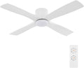 WINGBO 54 Inch Flush Mount DC Ceiling Fan with Lights and Remote, 4 Reversible Carved Wood Blades, 6-Speed Noiseless DC Motor, Hugger Ceiling Fan in Gloss White with White Blades
