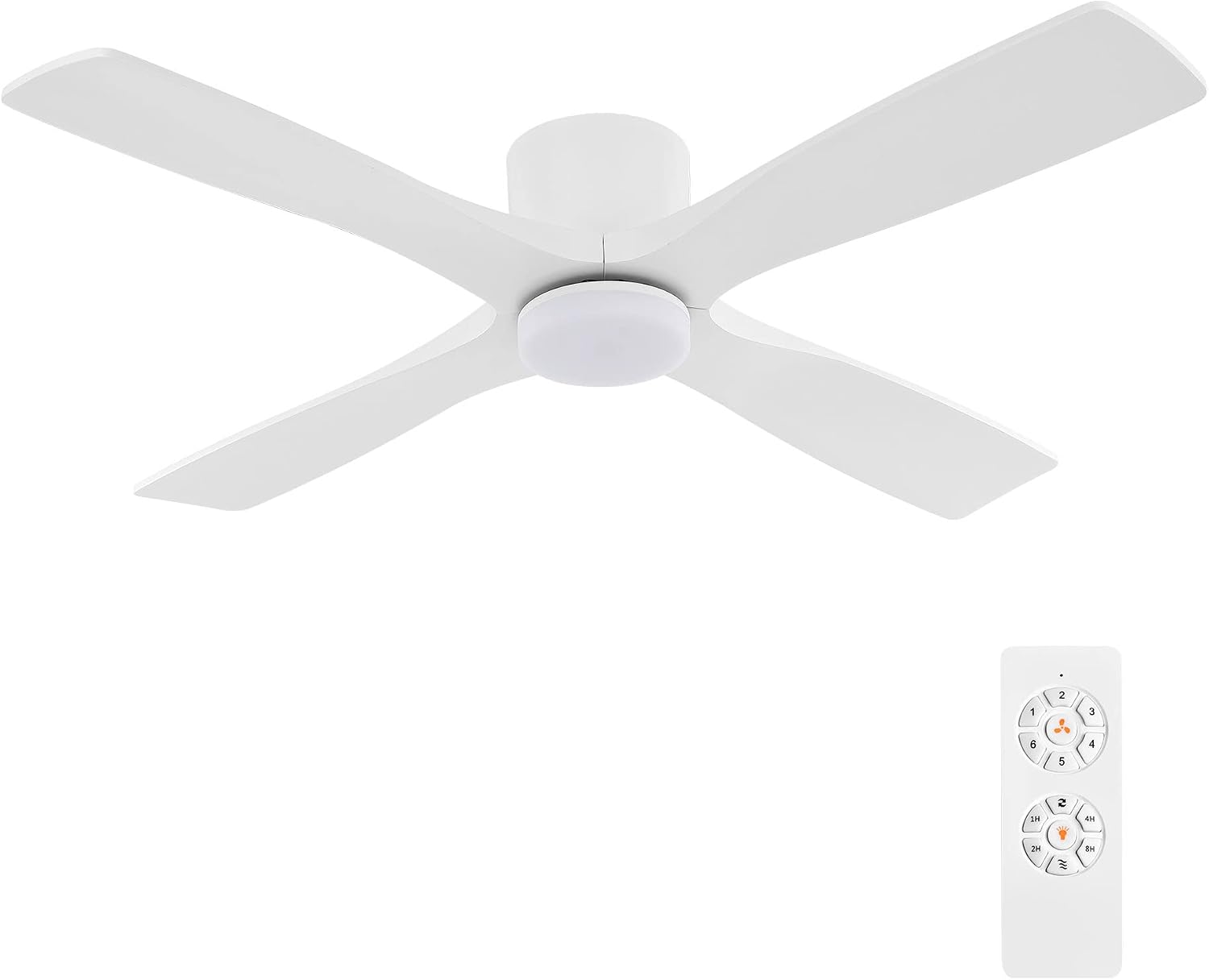 WINGBO 54 Inch Flush Mount DC Ceiling Fan with Lights and Remote, 4 Reversible Carved Wood Blades, 6-Speed Noiseless DC Motor, Hugger Ceiling Fan in Gloss White with White Blades