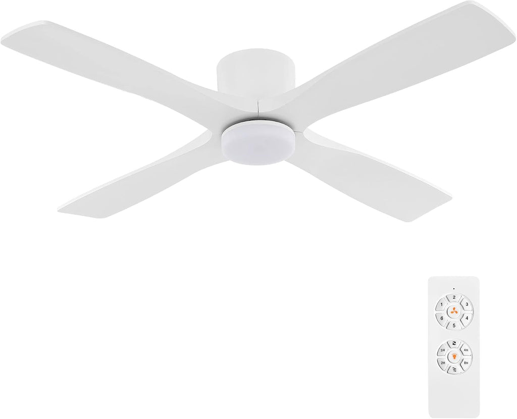 WINGBO 48 Inch Flush Mount DC Ceiling Fan with Lights and Remote, 4 Reversible Carved Wood Blades, 6-Speed Noiseless DC Motor, Hugger Ceiling Fan in White Finish, Low Profile Ceiling Fans, ETL Listed