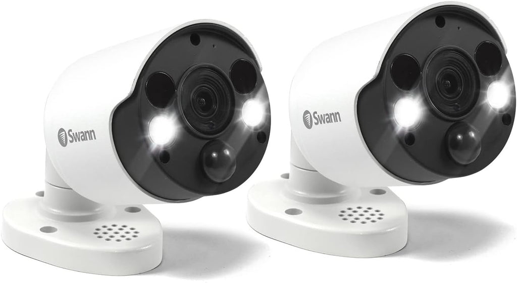 Swann Indoor/Outdoor Home Security 4K Ultra HD NVR Wired Bullet Camera and Spotlight, Color Night Vision, Heat & Motion Sensing Light, 2-Way Audio, Siren, Compatible w/NVR w/PoE, SWNHD-887MSFB 2 Pack