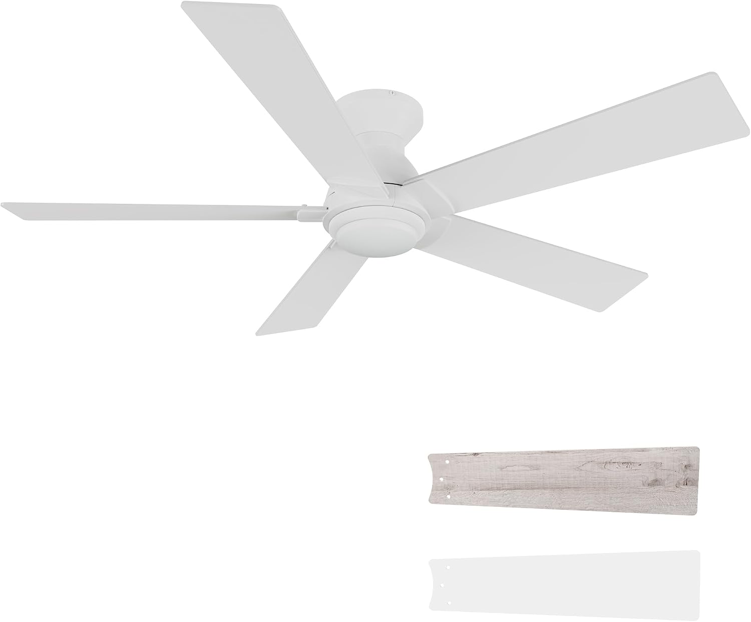 Carro 52 Inch Flush Mount Ceiling Fan without Lights, White Ceiling Fan with Remote, 10-Speed Reversible DC Motor, 5 Dual Finish Blades, 3 Light Colors Dimmable LED, for Bedroom