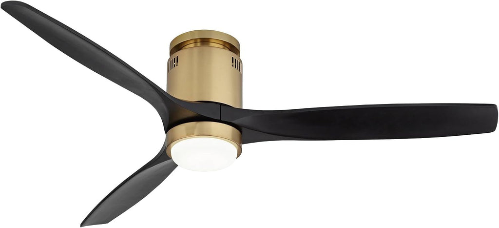 Casa Vieja 52' Windspun Modern Indoor Ceiling Fan 3 Blade LED Light Remote Control Soft Brass Finish Motor Matte Black Finish Wood Blades Bedroom Living Room Office Hugger DC Motor Flush Mount