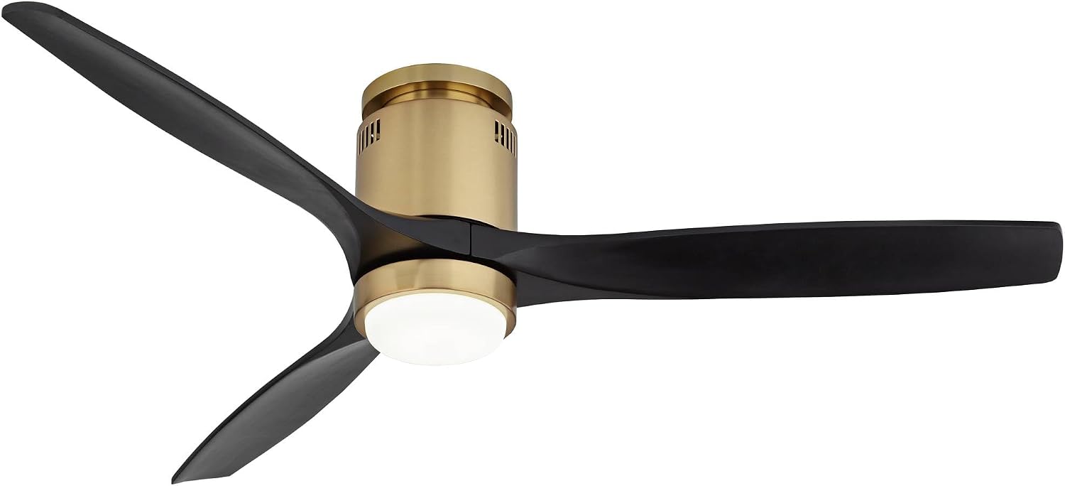 Casa Vieja 52' Windspun Modern Indoor Ceiling Fan 3 Blade LED Light Remote Control Soft Brass Finish Motor Matte Black Finish Wood Blades Bedroom Living Room Office Hugger DC Motor Flush Mount