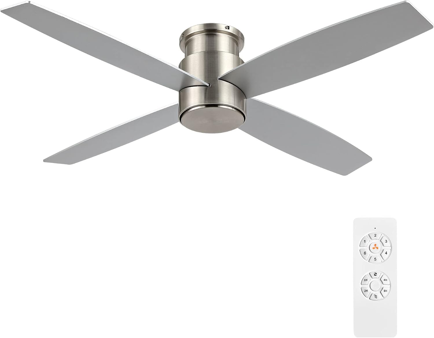 WINGBO 52' Flush Mount DC Ceiling Fan without Lights, 4 Reversible Blades, Ultra Quiet 6-Speed DC Motor, Hugger Low Profile Indoor Ceiling Fan No Lights, Brushed Nickel Finish