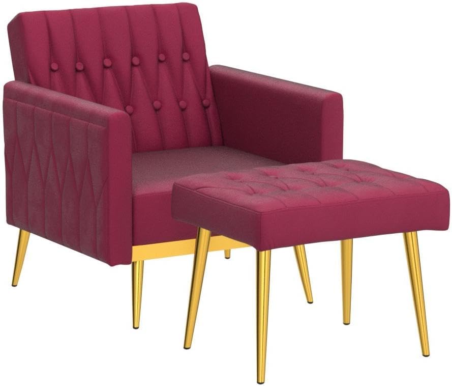 Velvet Accent Chair with Adjustable Armrests and Backrest, Button Tufted Lounge Chair, Single Recliner Armchair with Ottoman and Pillow for Living Room, Bedroom, Fuchsia