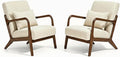 Set of 2 Mid Century Modern Accent Chair - Solid Rubberwood Frame Reading Armchair with Lumbar Pillow - Comfy Linen Lounge Chair for Living Room Bedroom Small Space - Heavy Duty 350lbs