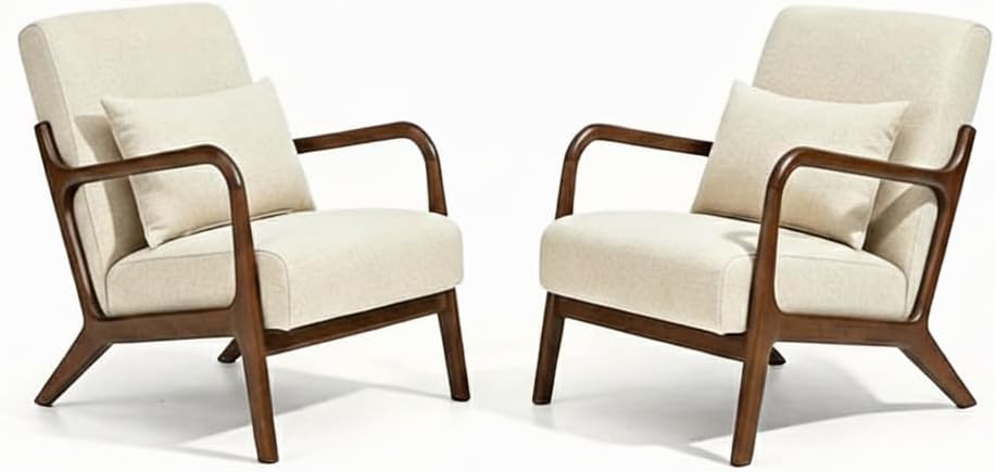 Set of 2 Mid Century Modern Accent Chair - Solid Rubberwood Frame Reading Armchair with Lumbar Pillow - Comfy Linen Lounge Chair for Living Room Bedroom Small Space - Heavy Duty 350lbs