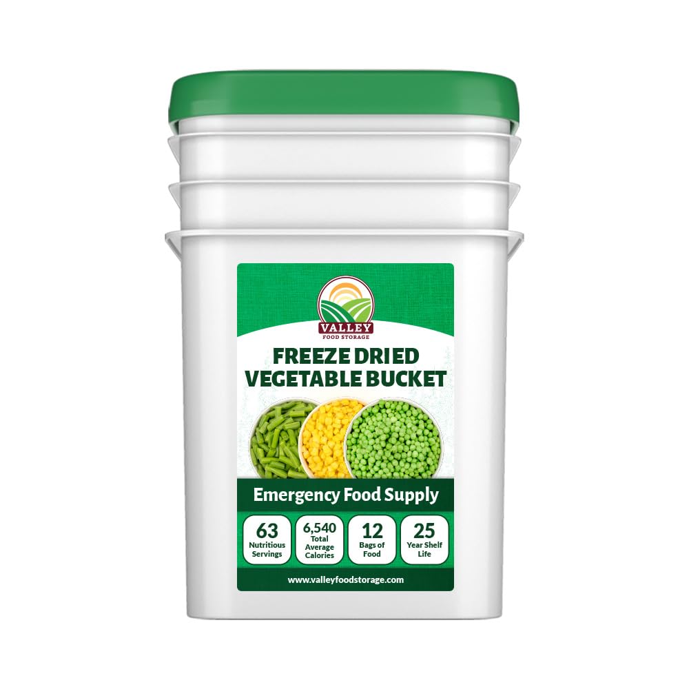 Valley Food Storage Freeze Dried Vegetable Bucket | 12 Pouches, Mixed Vegetables | Premium Emergency Food Supply, 25 Year Shelf Life | Survival Food for Camping, Prepper Storage & Off-Grid Living