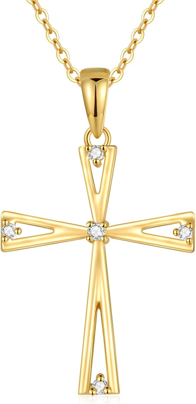 14K Gold Cross Necklace for Women, Real Yellow Gold Filigree Pommy Cross Pendant Necklace, Religion Jewelry for Girls Ladies Mom, 16'+1'+1'