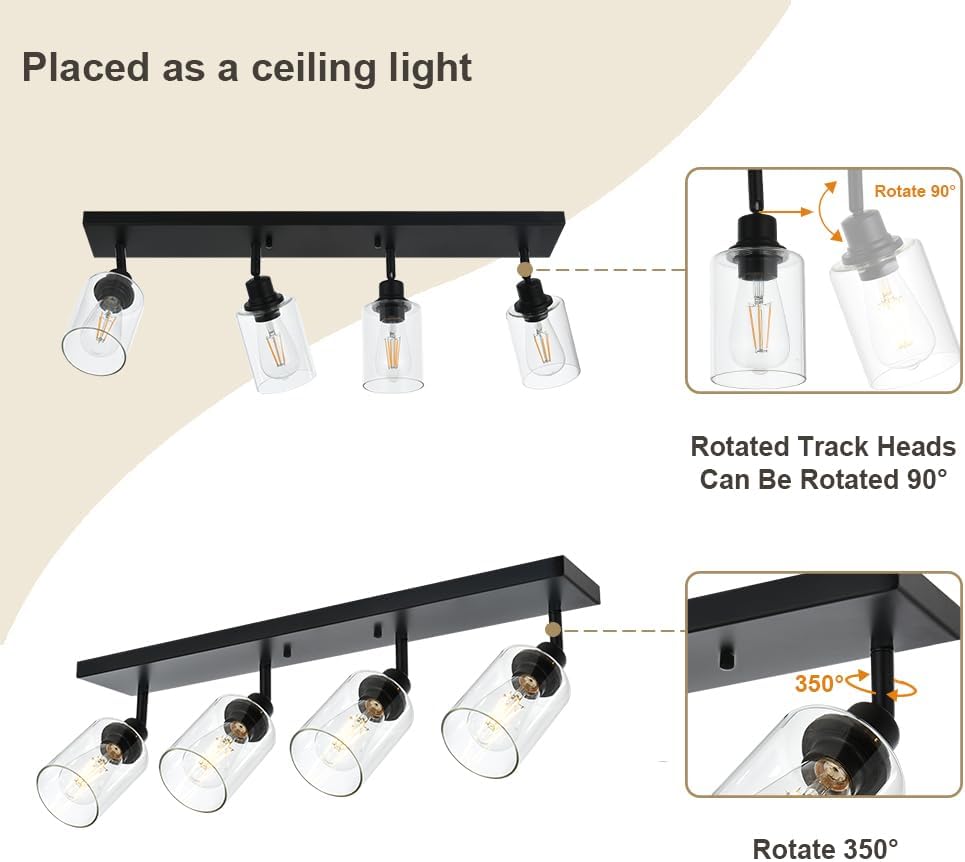4 Light VINLUZ Vanity Wall Light with Clear Glass Shade Indoor Bathroom Fixture Multi-Directional Rotating Metal Ceiling Spotlight Fixture with Adjustable Track Heads