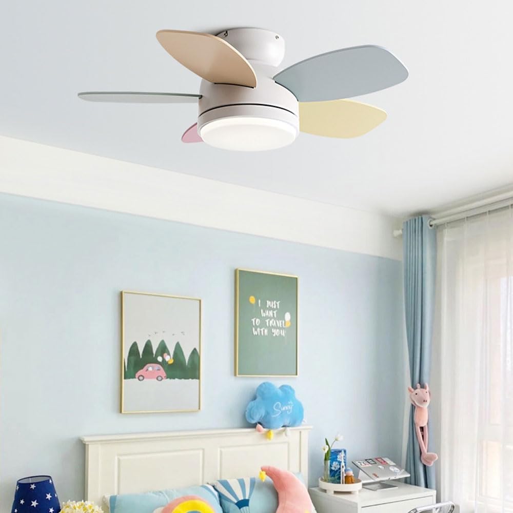 Flush Mount Ceiling Fan with Light 6 Speed Quiet Colorful Ceiling Fans Remote LED Ceiling Lights Fan Lighting Timing Reversible Fan Light for Bedroom Kids Room Lounge