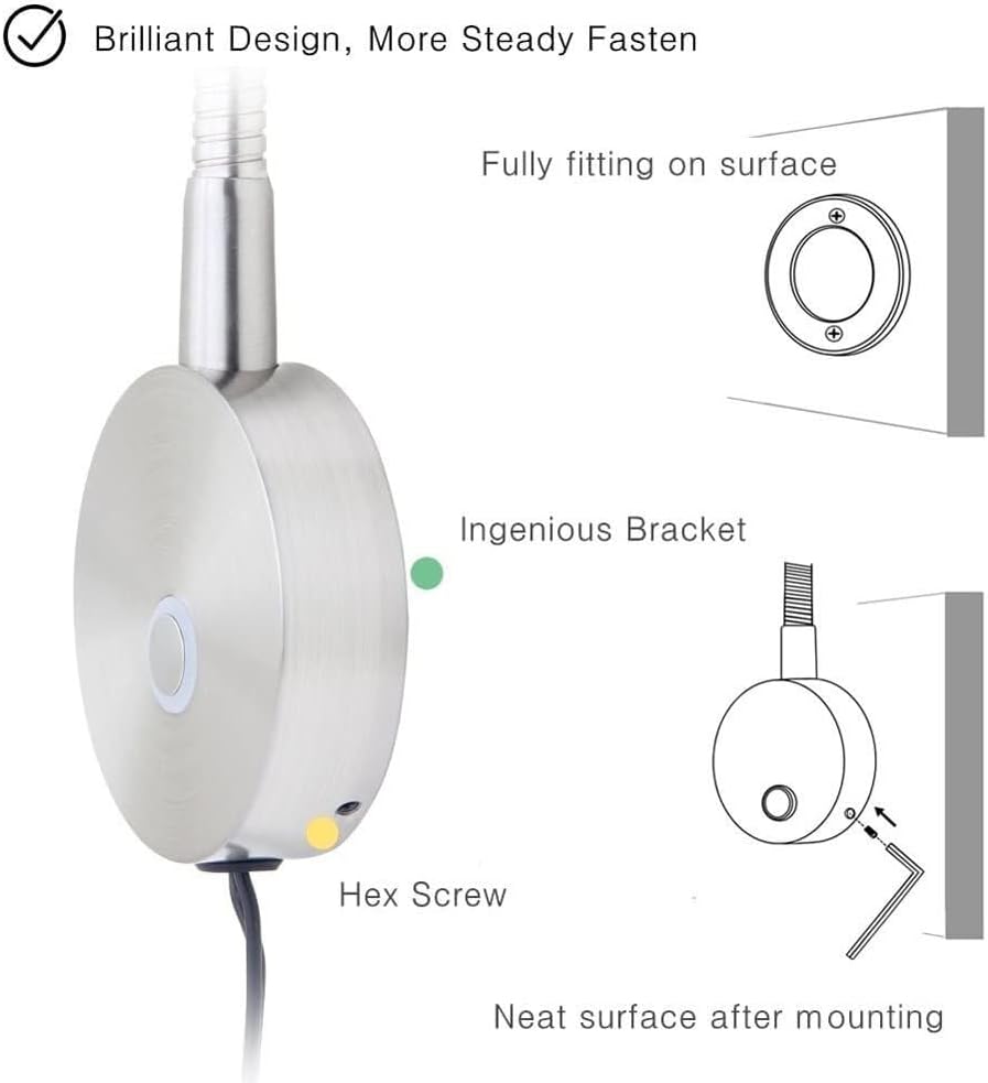 Gooseneck Spotlight Dimmable 3W LED Plug in Wall Light with Touch Switch, Headboard Reading Lamp, Dimming Lights, Wall Mount Accent Lamps Indoor Oration Wall Sconces