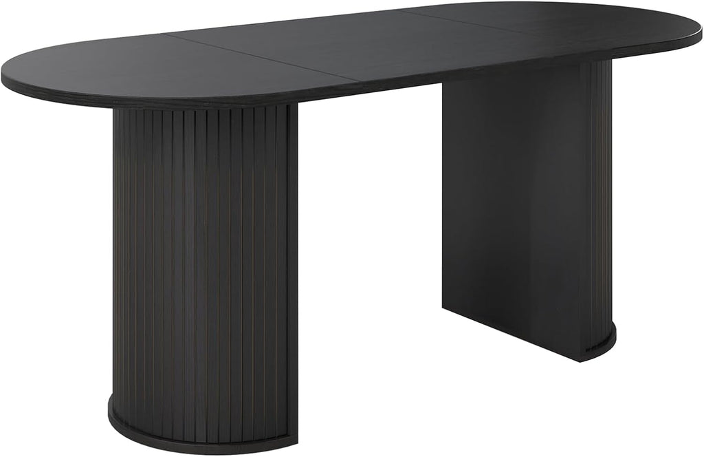 70.8' Oval Dining Table for 4-6 Persons, Fluted Pedestal Base Mid Century Wood Veneer Kitchen Table with Curved Edges for Dining Room, Apartment, Small Spaces, Black