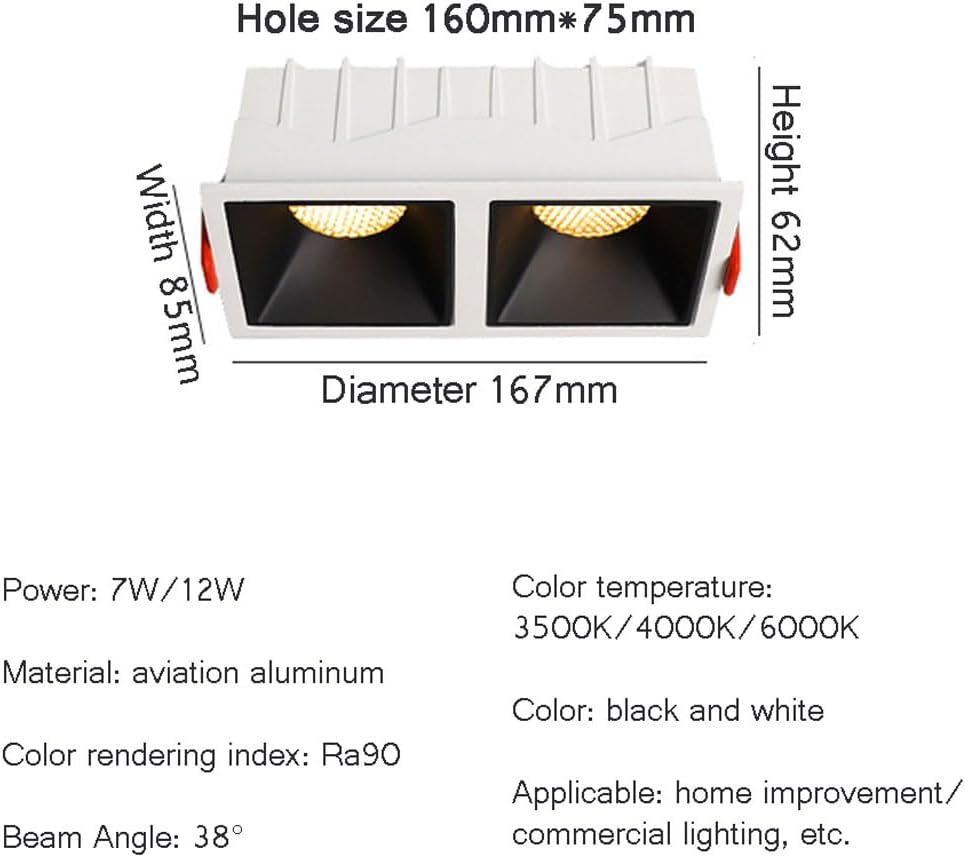 6-Pack Led Embedded Lighting with 2 Heads, 7W/12W Rectangular Can Less Ceiling Spotlight, Indoor Downlight Anti Glare Baffle, CRI 90, for Living Room Corridors, Led Downl-12w-4000K