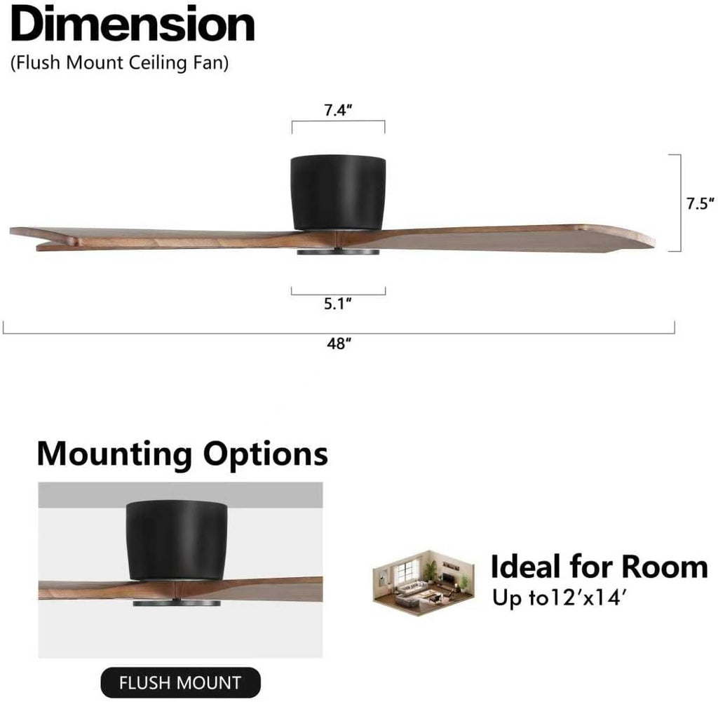 WINGBO 48' Flush Mount DC Ceiling Fans without Lights, 5 Carved Solid Wood Blades, 6-Speed Reversible DC Motor, Low Profile Hugger Ceiling Fan No Lights for Living Room Bedroom Patio, Black and Walnut