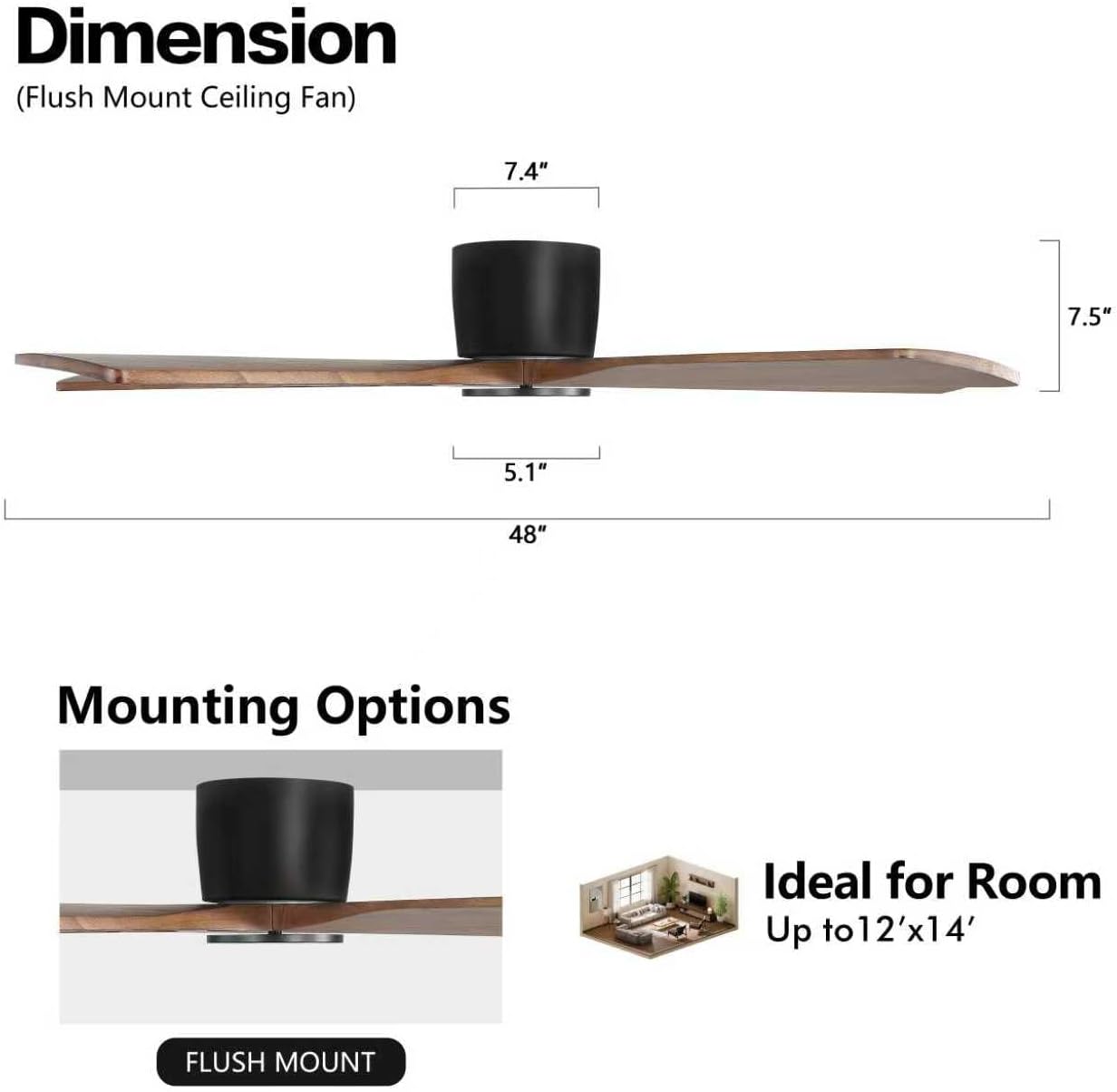 WINGBO 48' Flush Mount DC Ceiling Fans without Lights, 5 Carved Solid Wood Blades, 6-Speed Reversible DC Motor, Low Profile Hugger Ceiling Fan No Lights for Living Room Bedroom Patio, Black and Walnut